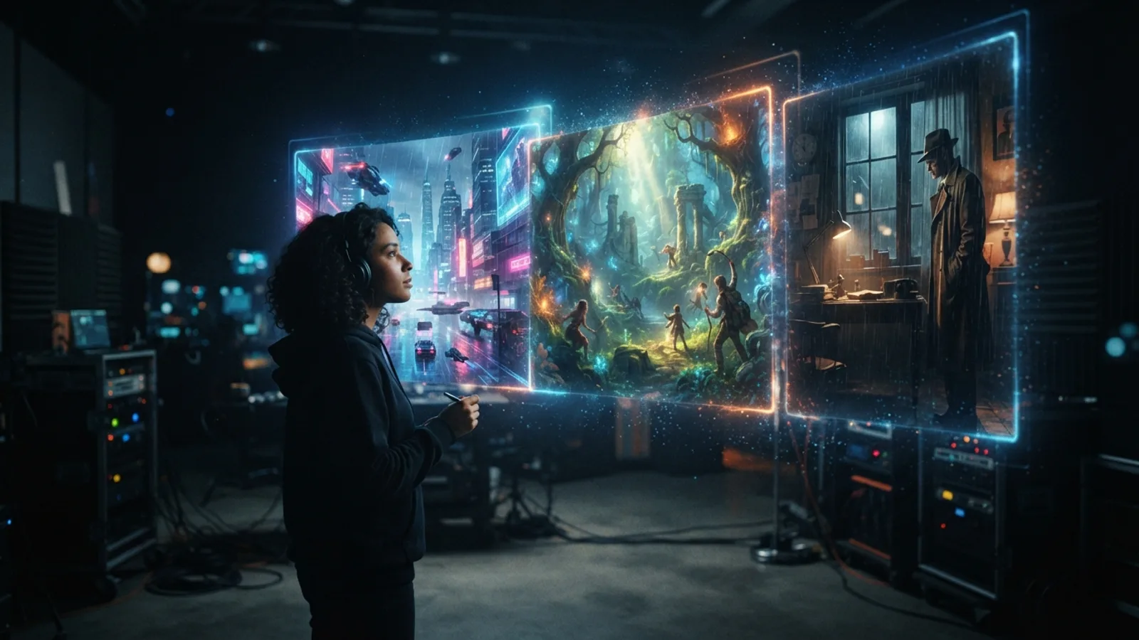 A creator brainstorming AI movie ideas on a holographic interface displaying multiple genres.