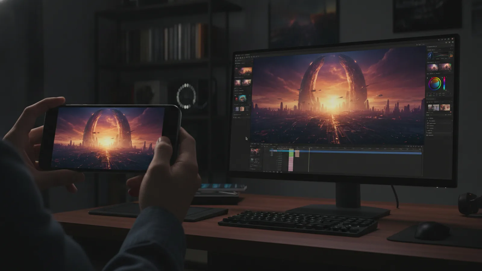Smartphone and desktop screen showing the same AI movie project, highlighting seamless editing across app and web.