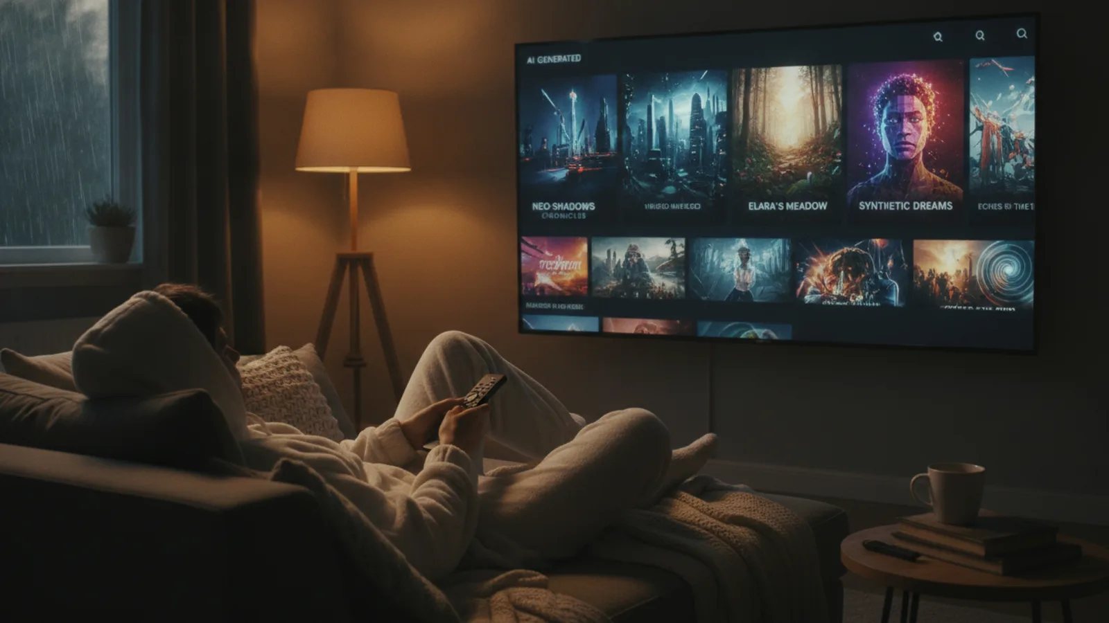 Person browsing series thumbnails on a TV screen in a cozy room at night