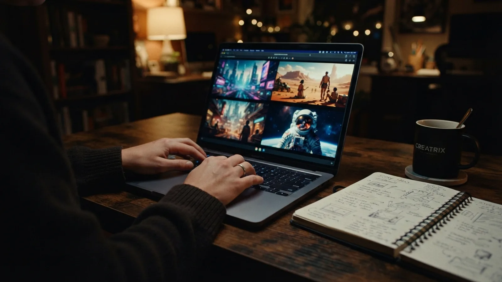 Creator working on an AI-generated movie series at home.