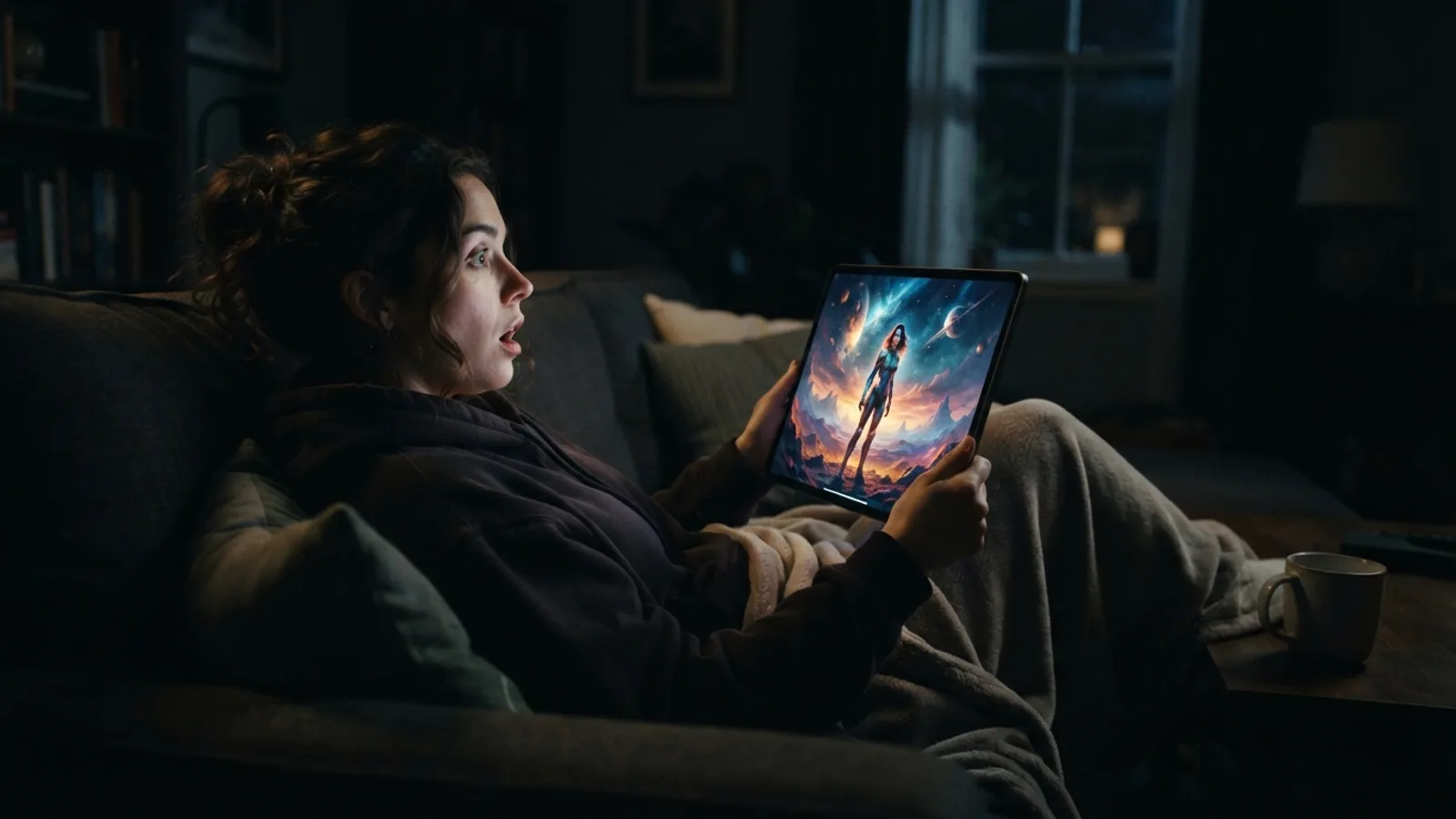 A viewer engrossed in watching an AI drama series on a tablet at home.