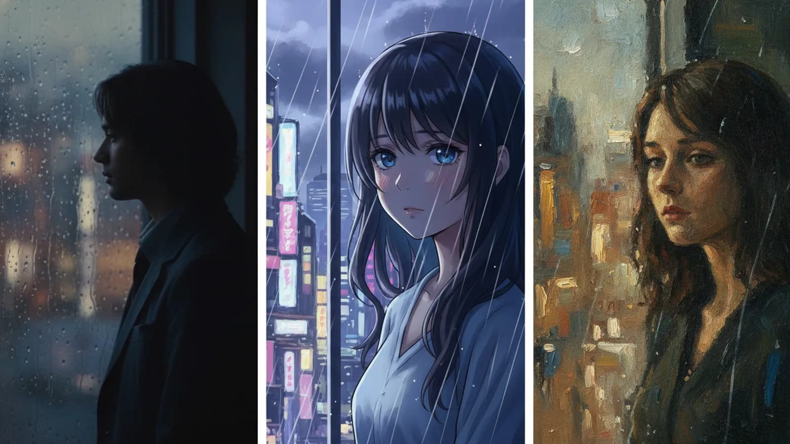 A comparison of cinematic, anime, and painterly AI video styles depicting the same emotional scene.