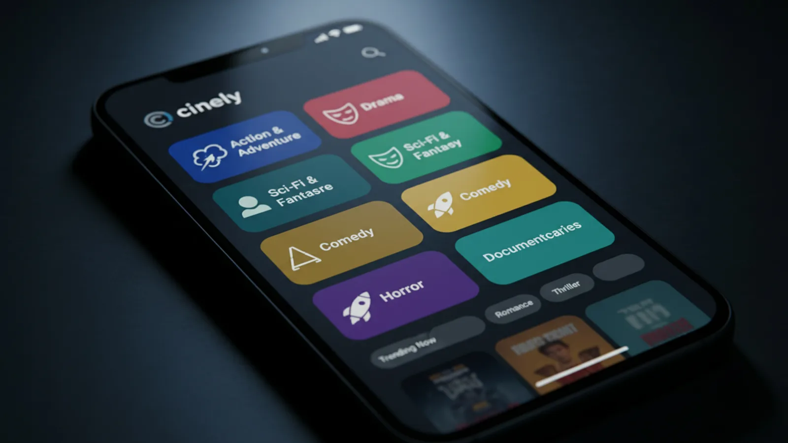 A smartphone screen showing Cinely's genre selection interface