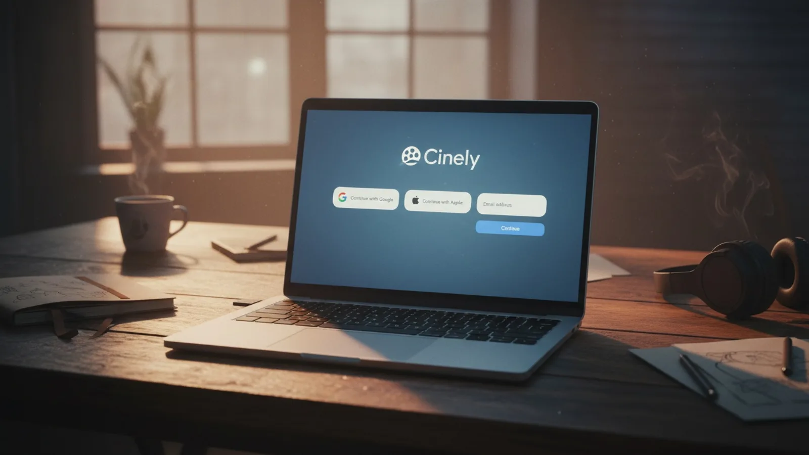 A laptop showing the clean, minimalist Cinely sign-up interface.