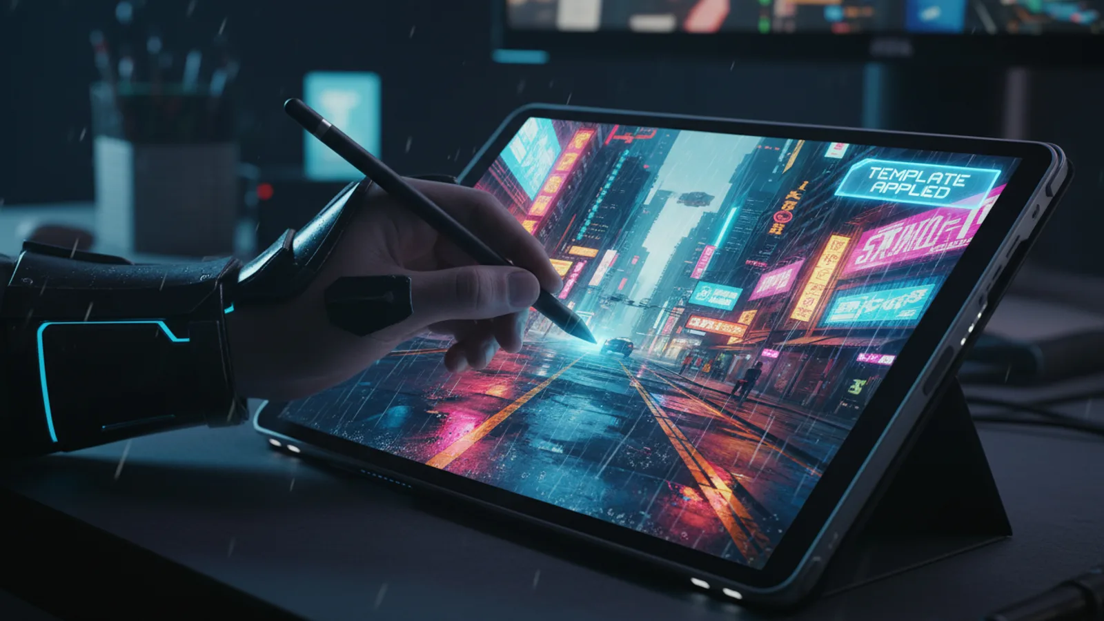 A creator selecting a cyberpunk template on a tablet to start an AI movie.