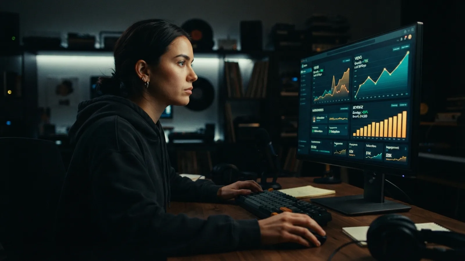 A creator analyzes performance charts and graphs on the Cinely Studio analytics dashboard.