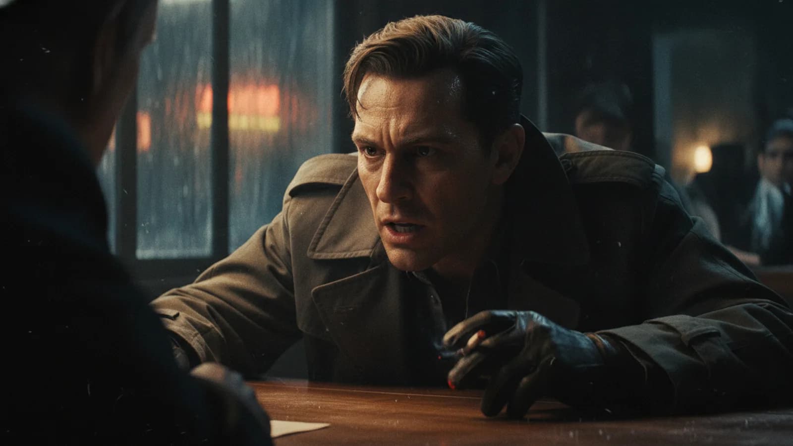 AI character delivering intense dialogue in a noir-style scene