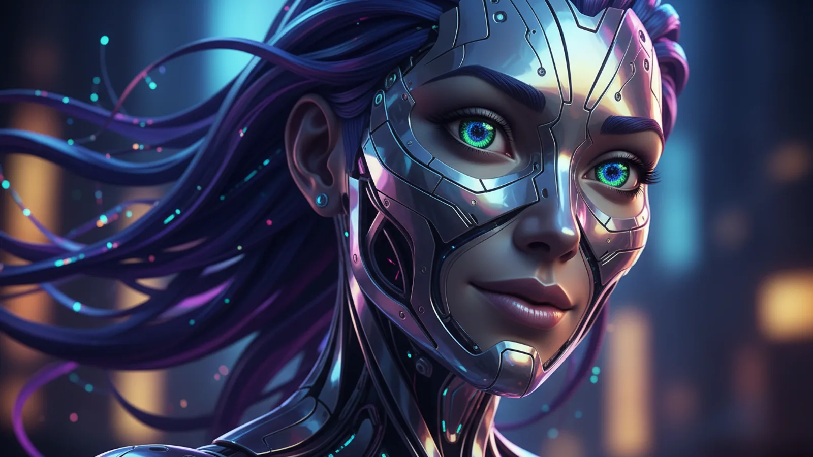 A close-up of a consistently designed AI character with distinctive features
