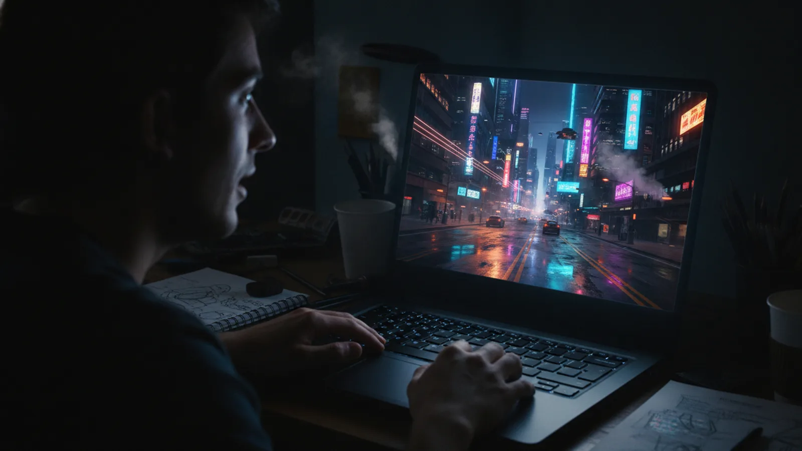 A filmmaker using AI tools to create a cyberpunk movie scene on their laptop.