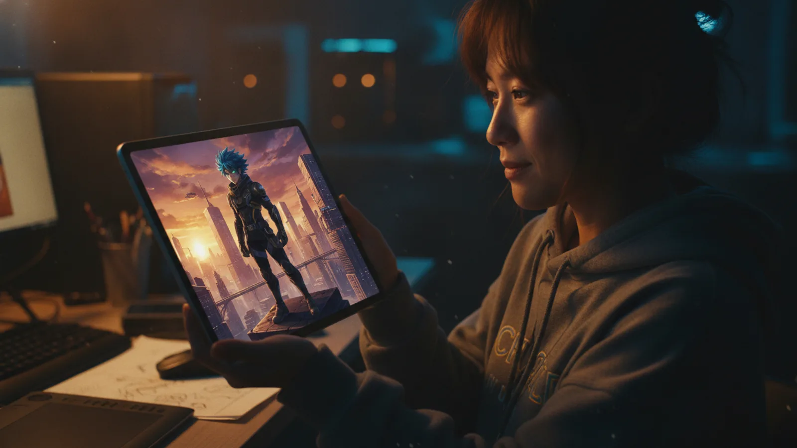 Creator reviewing an AI-generated anime scene on a tablet