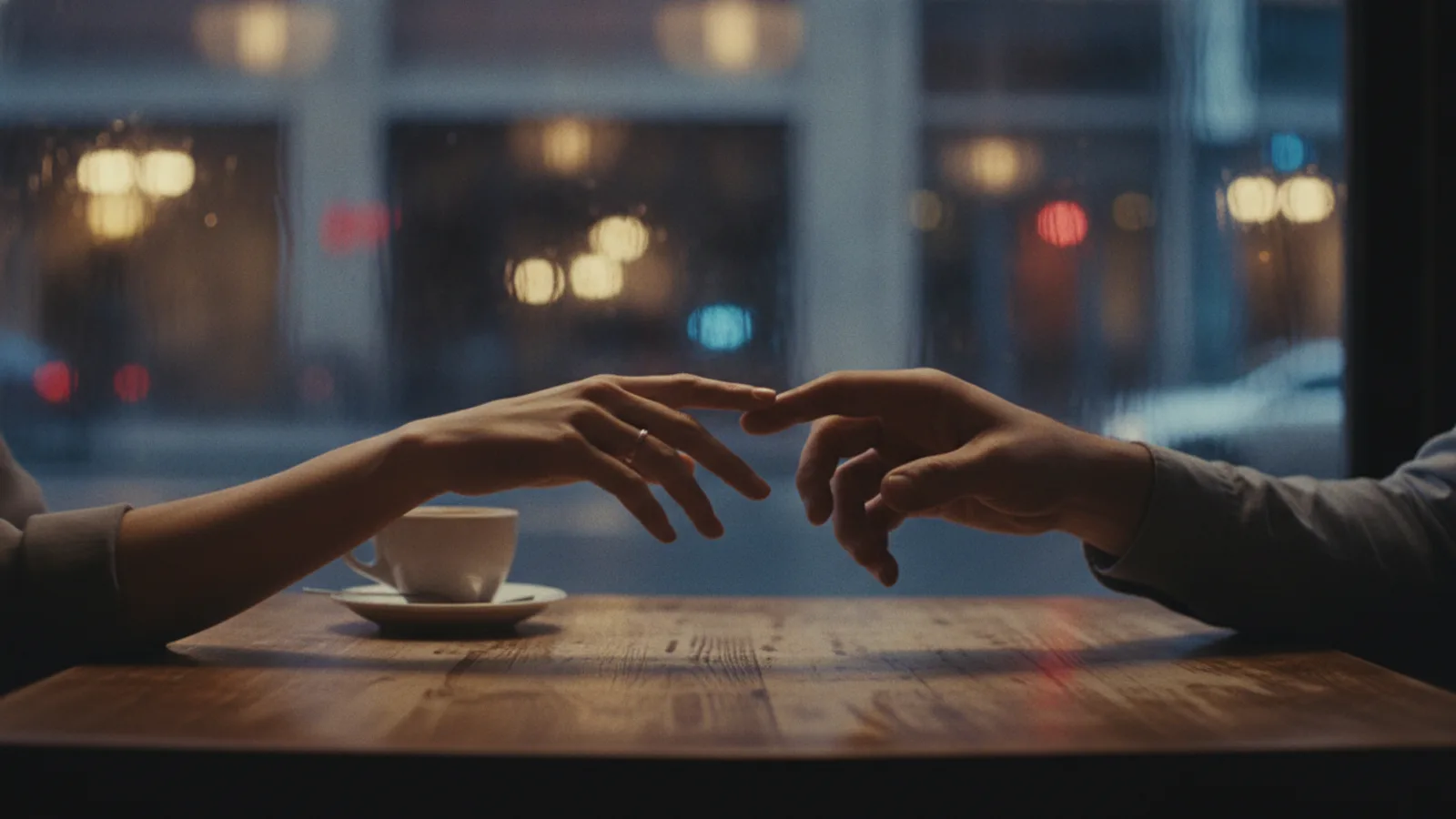 An intimate, cinematic scene of two hands almost touching on a cafe table with rainy window lights in the background.