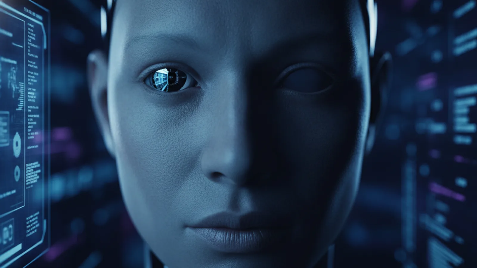 An AI-generated close-up of a cybernetic face in a sci-fi lab setting.