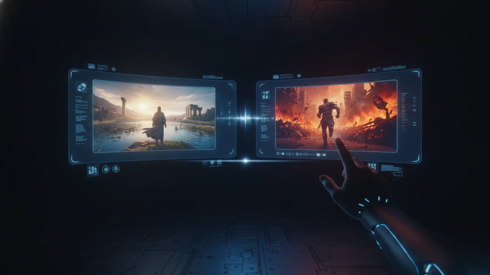 First-person view of choosing between two different AI-generated video story paths on a futuristic interface.