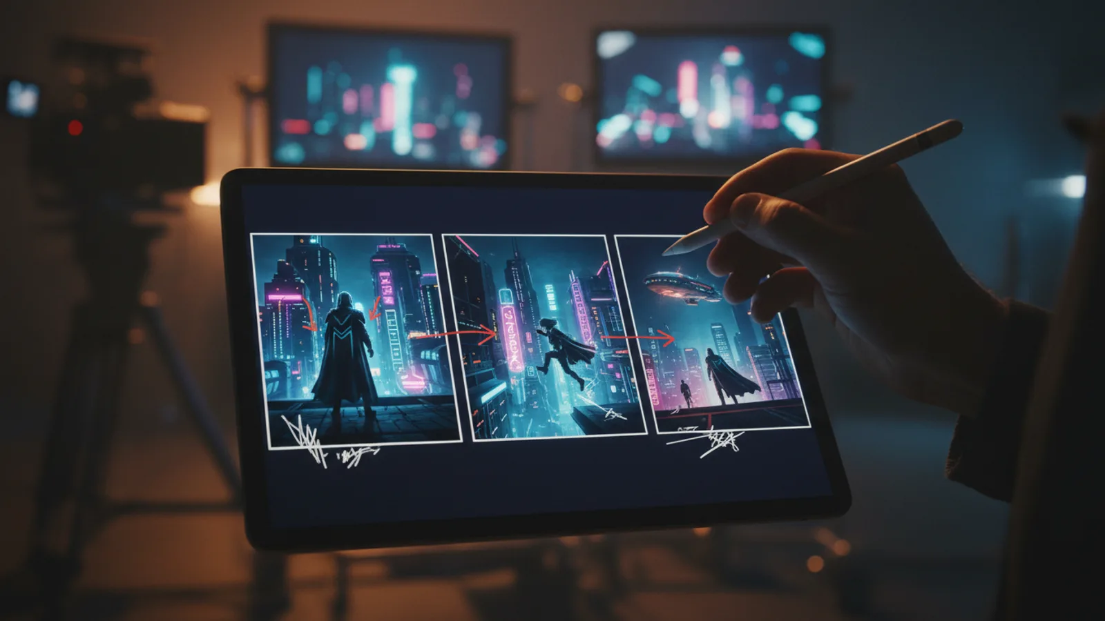 A filmmaker planning an AI movie storyboard on a digital tablet.