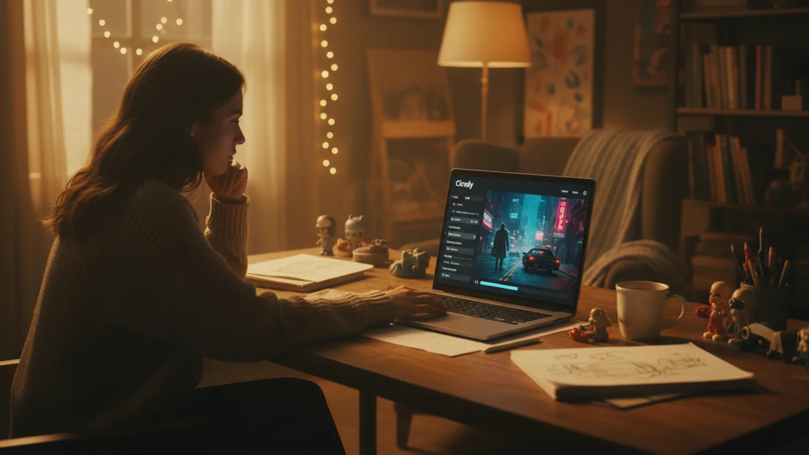 A beginner using the Cinely AI movie maker interface on a laptop