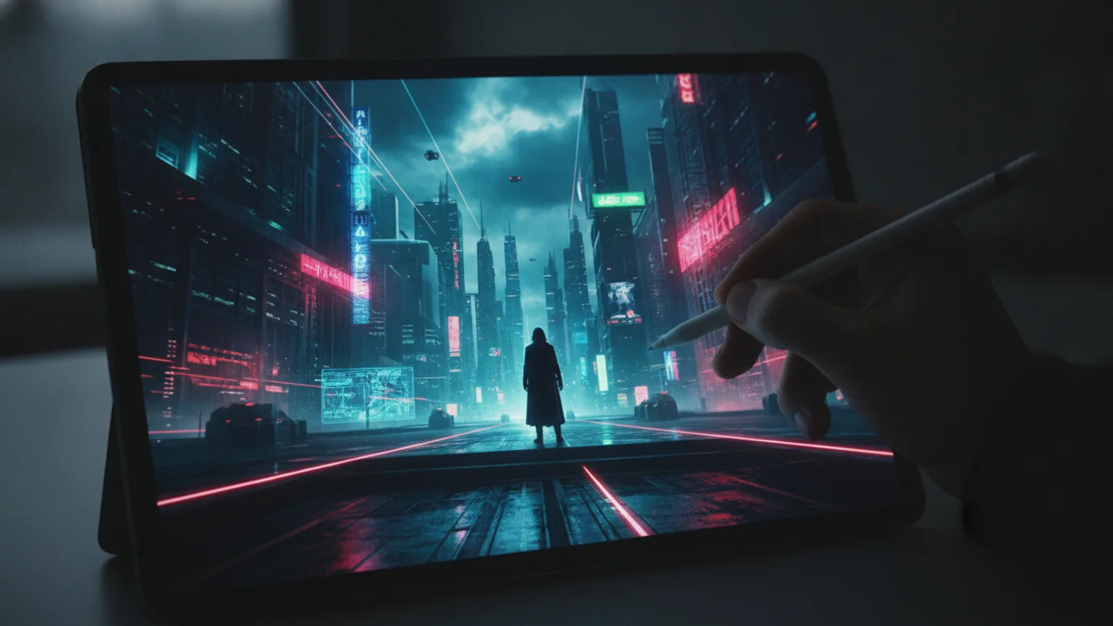 Directing an AI-generated movie scene on a digital tablet