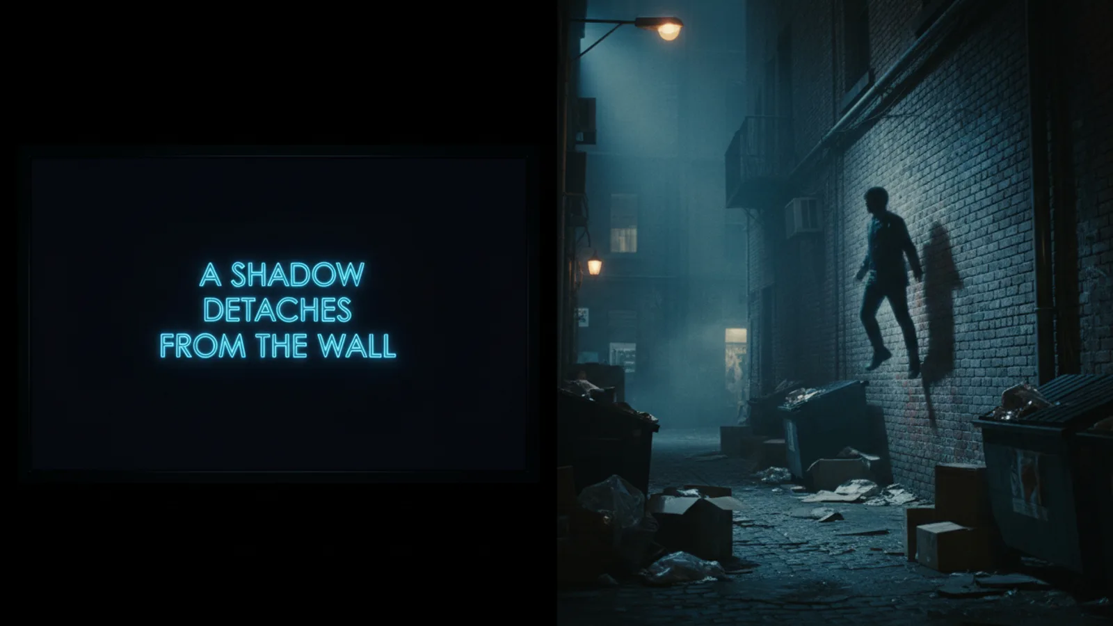 Split screen comparing text description to AI-generated video scene