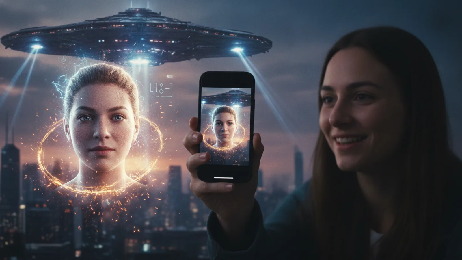 A selfie transforming into an AI movie character in a cinematic scene.