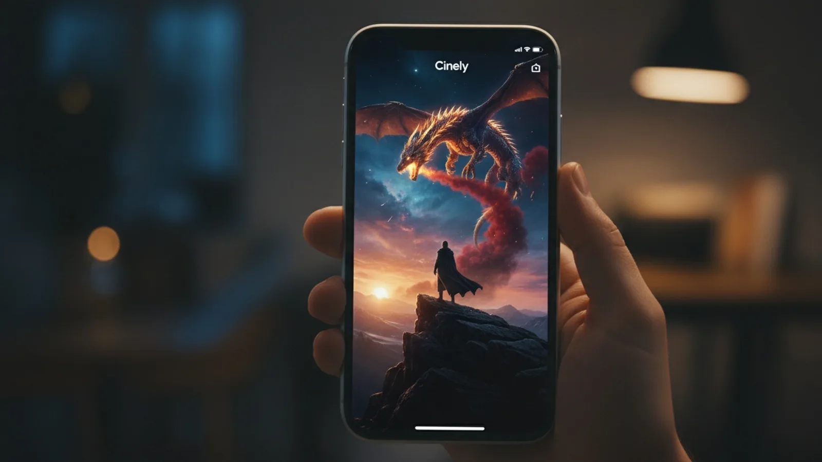 Close-up of an iPhone showing the Cinely app creating an AI movie scene
