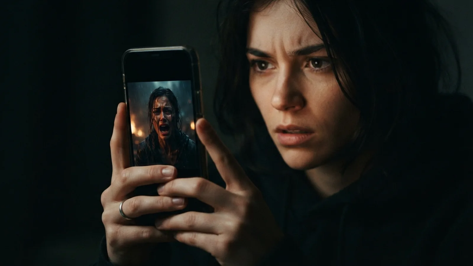 A person immersed in watching a vertical drama on their smartphone.